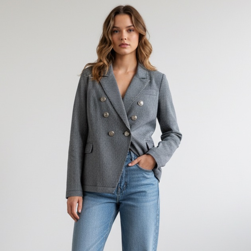 ANORAK Navy Pinstripe Double-Breasted Blazer